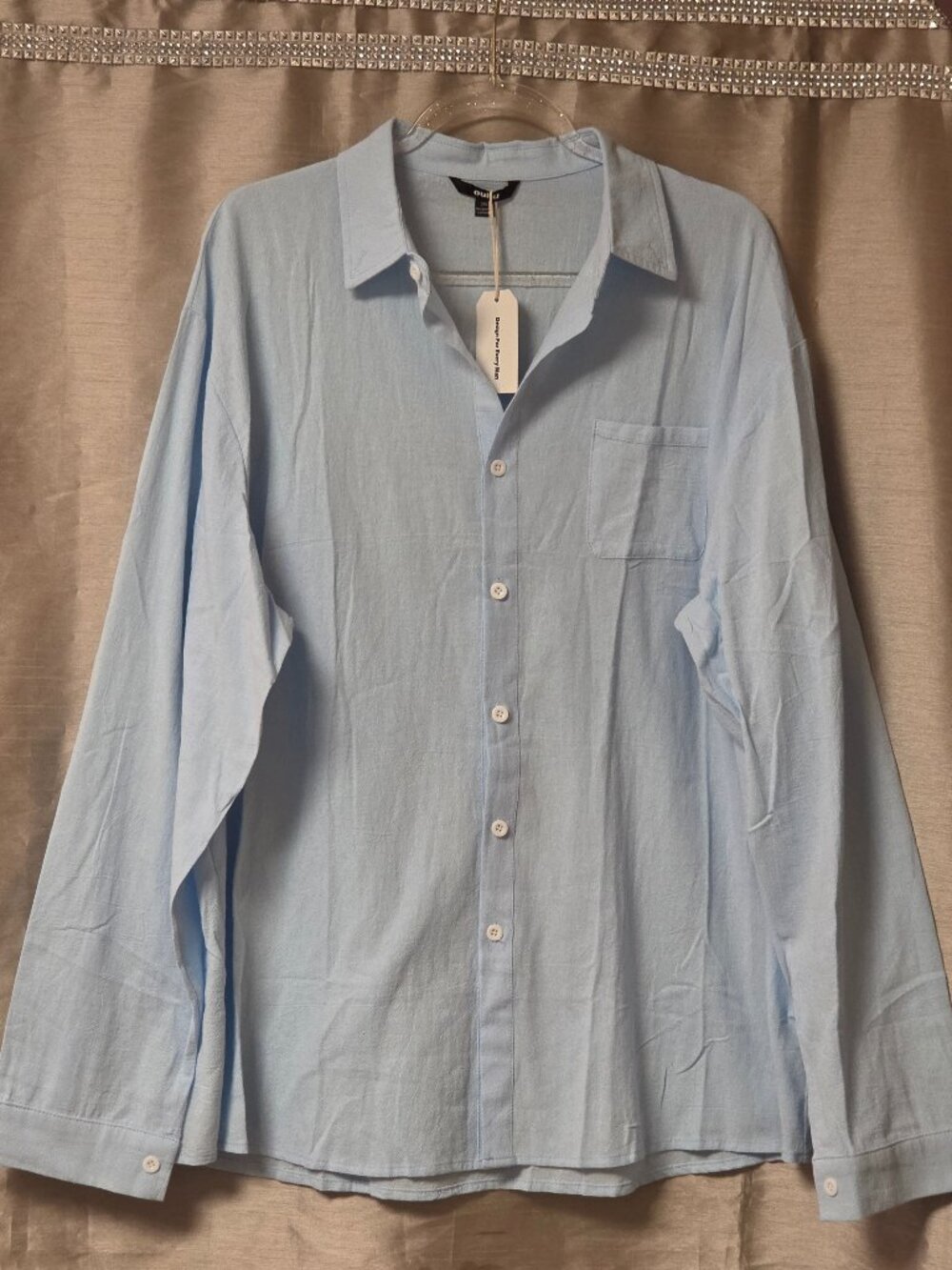 Ouku Mens Cotton Linen Pullover Long Sleeve Ice Blue Shirt Size 2XL, NWT